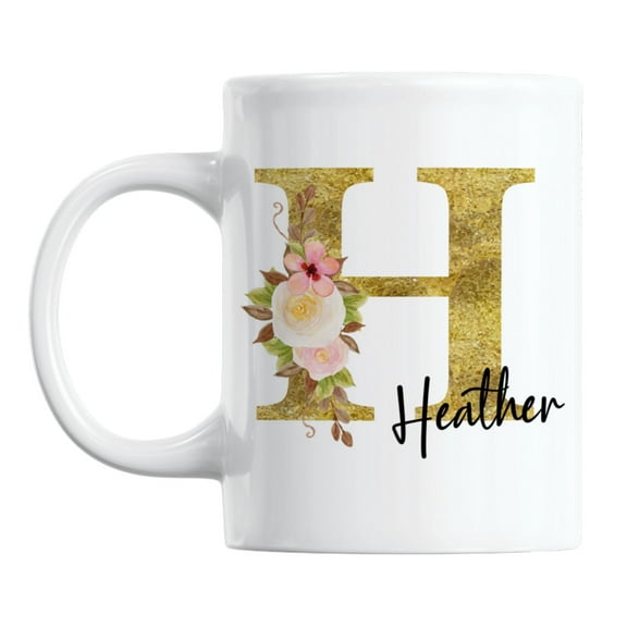 Personalized Name & Initial White Ceramic Coffee & Tea Mug Cup for Women (11oz)