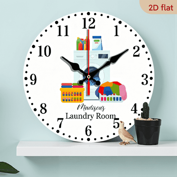 Personalized Name Laundry Room MDF Wood 10in Round Wall Clock, Silent Non-Ticking Battery Operated, Rustic Home Wall Art Decor