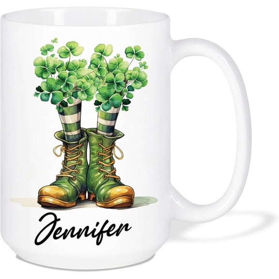 Personalized Name Leprechaun Style Ceramic Mug, Cute Clover Details, Custom Gift Mug for Friends and Adults
