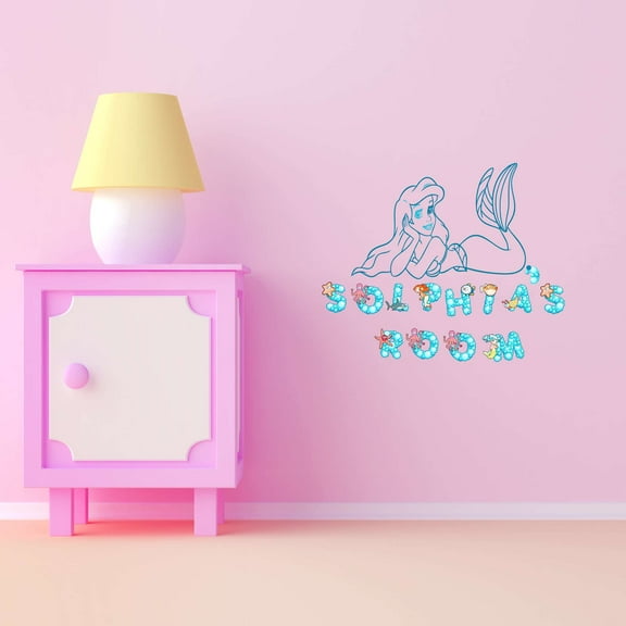 Personalized Name Mermaid Beach Ocean Animals Starfish Octopus Fish Ocean Shark Sea Great White Trout Whale Ell Bass Boat Dolphin Whale Decorating Wall Decal Sticker - Size: 20 In X 16 In