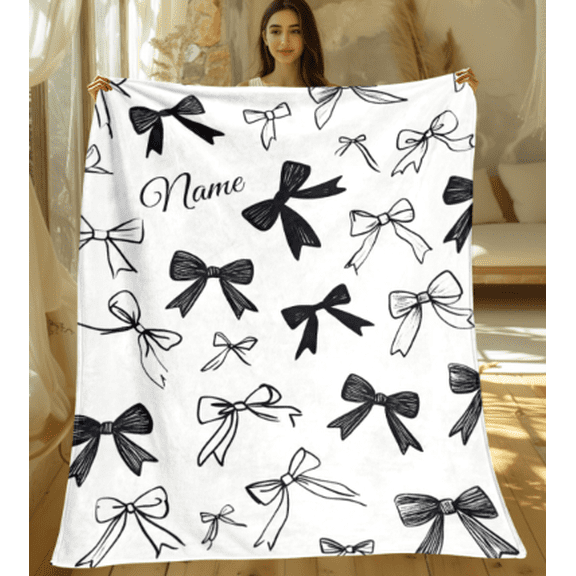 Personalized Name Minimalist Black White Bow Throw Blanket, Lightweight Cozy Warm Digital Print Fabric, for Sofa/Travel/Camping/Living Room/Office/Chair, Home Bedding