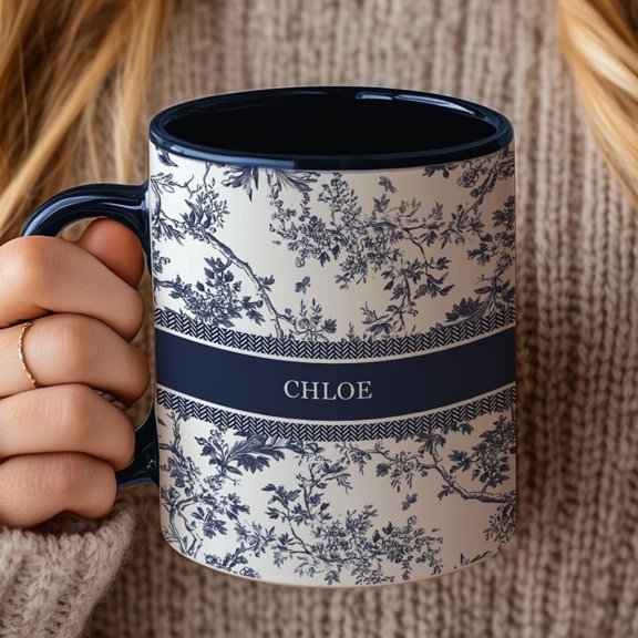 Personalized Name Mug Blue Toile Design Custom Coffee Cup Elegant Inspired Gift for Her Br