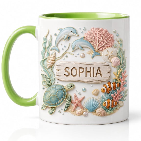 Personalized Name Mug Sea Life Beach Theme Ceramic Coffee Cup for Ocean Lovers
