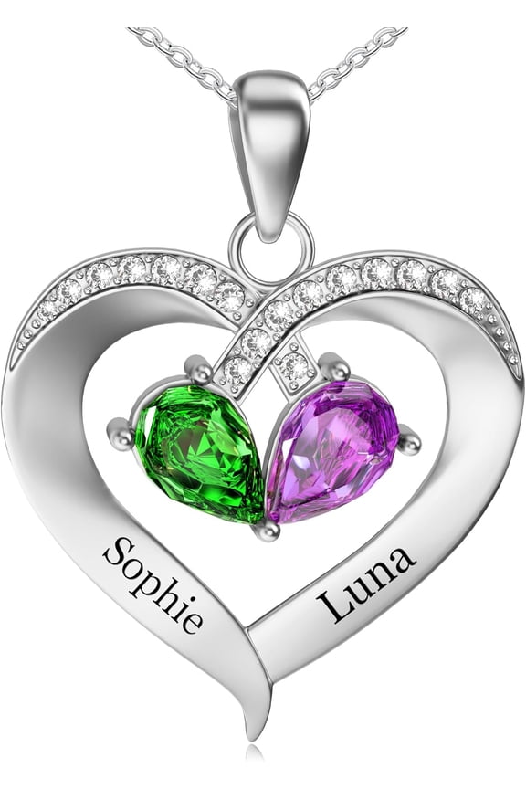 Personalized Name Necklace With Simulated Birthstones Custom Promise Necklace Heart Pendant With Engraved Names - Christmas Anniversary Birthday Jewelry Gifts For Women Mom Grandma Wife[o617]