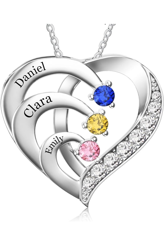 Personalized Name Necklace With Simulated Birthstones Custom Promise Necklace Heart Pendant With Engraved Names - Christmas Anniversary Birthday Jewelry Gifts For Women Mom Grandma Wife[o614]