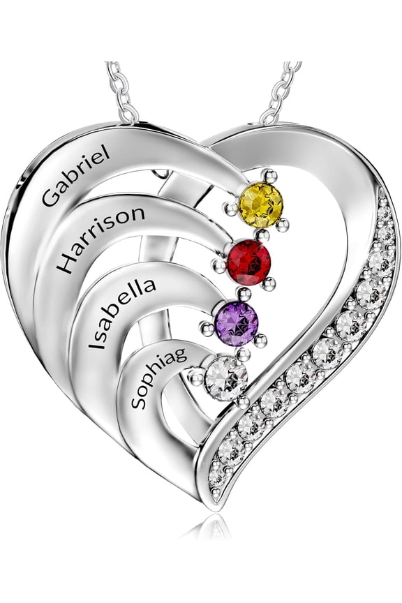Personalized Name Necklace With Simulated Birthstones Custom Promise Necklace Heart Pendant With Engraved Names - Christmas Anniversary Birthday Jewelry Gifts For Women Mom Grandma Wife[o615]