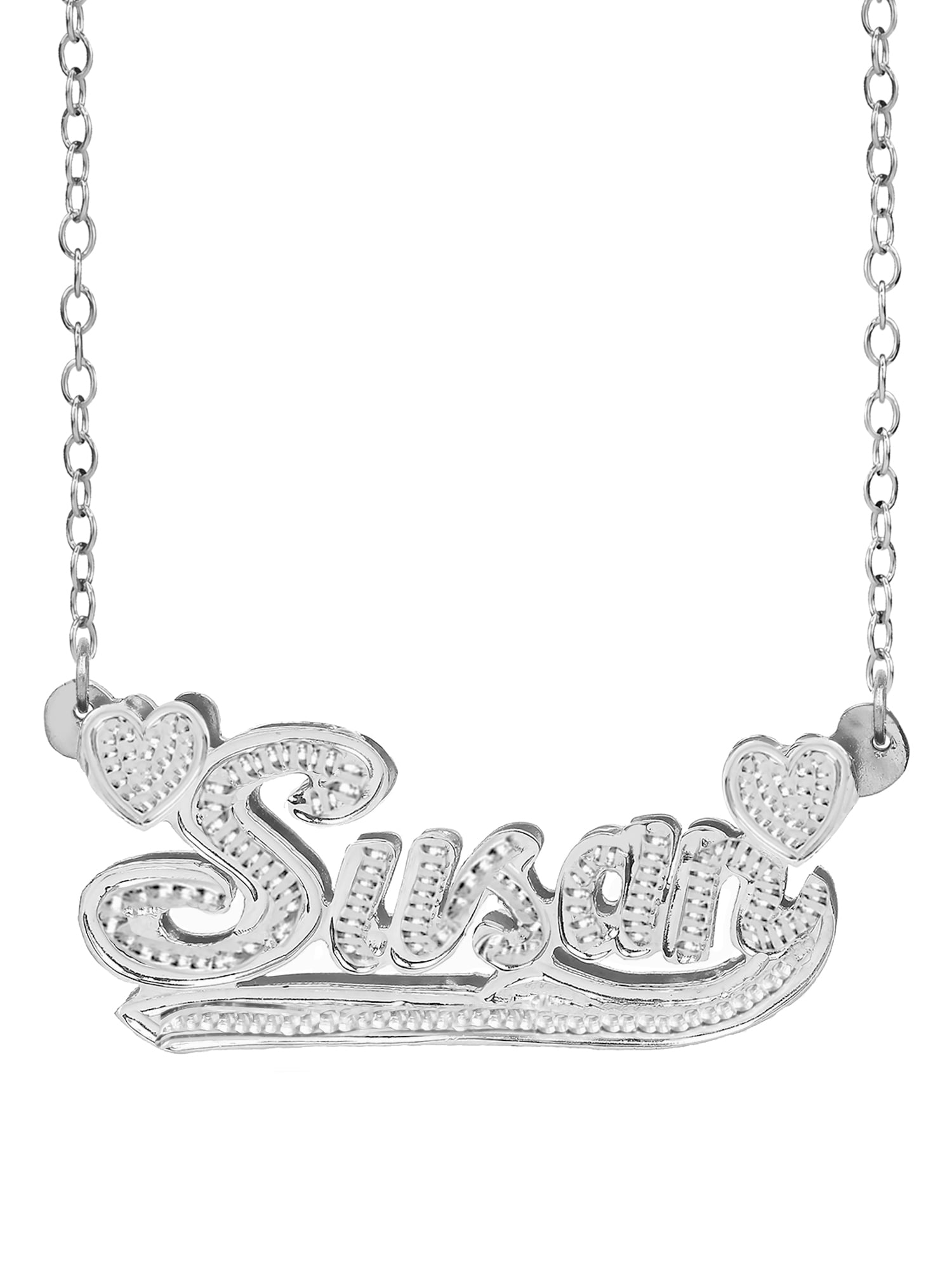 Personalized Name Necklace With Beading and Rhodium on All Letters With Hearts and Tail