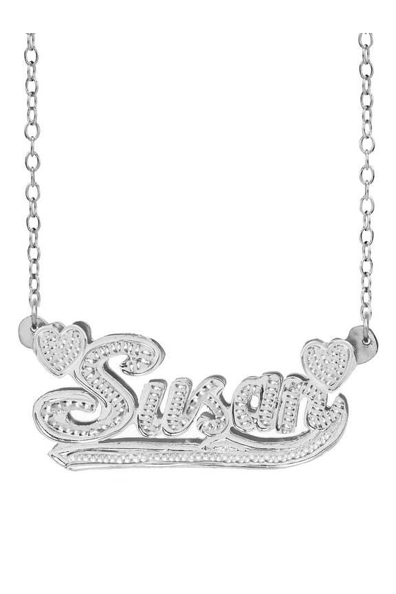 Personalized Name Necklace With Beading and Rhodium on All Letters With Hearts and Tail