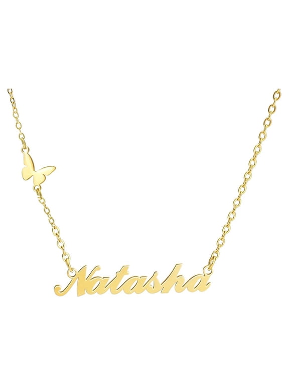 Personalized Name Necklace with Butterfly, 18K Gold Plated Stainless Steel Custom Nameplate Pendant Necklaces, Cross Chain, 6 Chain Length Options