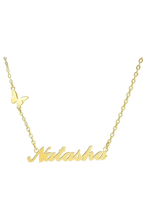 Personalized Name Necklace with Butterfly, 18K Gold Plated Stainless Steel Custom Nameplate Pendant Necklaces, Cross Chain, 6 Chain Length Options