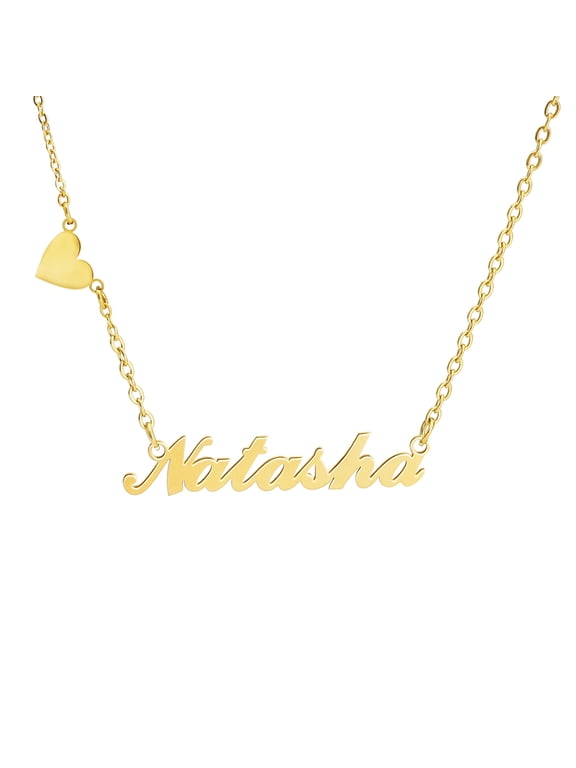 Personalized Name Necklace with Love Heart, 18K Gold Plated Stainless Steel Custom Nameplate Pendant Necklaces, Cross Chain, 6 Chain Length Options