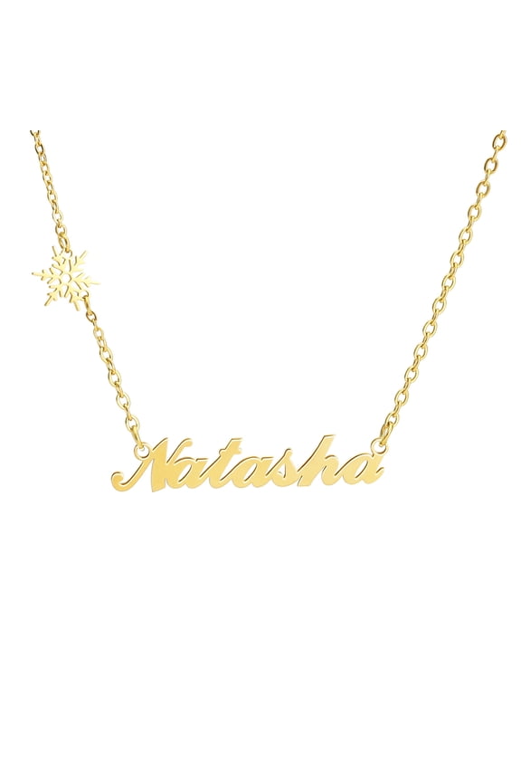 Personalized Name Necklace with Snowflake, 18K Gold Plated Stainless Steel Custom Nameplate Pendant Necklaces, Cross Chain, 6 Chain Length Options