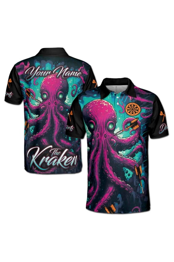 Personalized Name Neon Light Kraken Playing Darts Men's Polo Shirt S-5XL