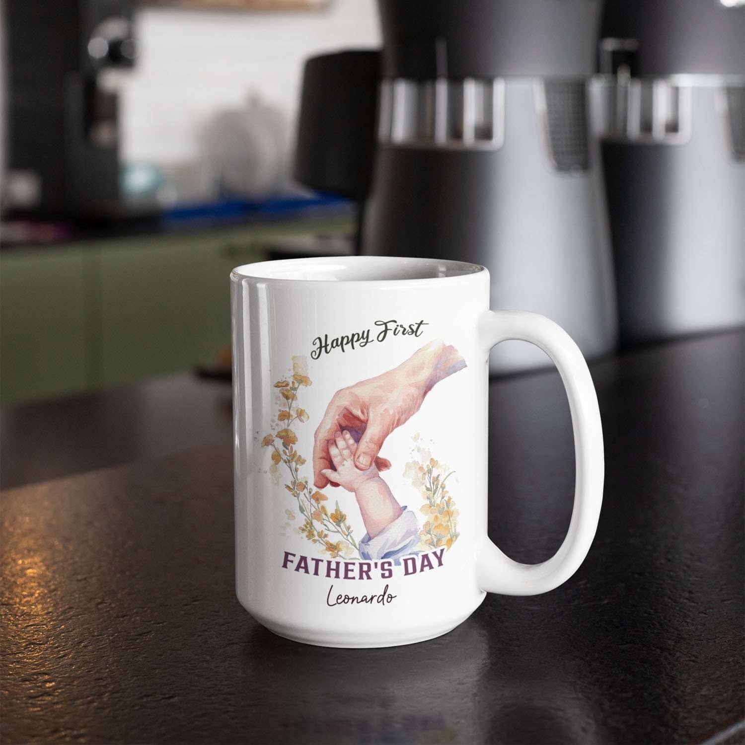 Personalized Name New Daddy Ceramic Mug, Custom Hand In Hand Design Cup, First Father's Day Mug Gift, Customized Dad Baby Name Design Coffee Cup, Novelty Father White Mug Present