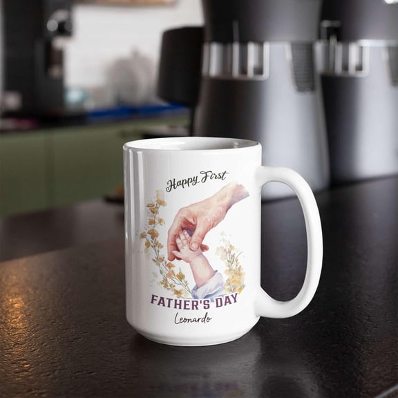 Personalized Name New Daddy Ceramic Mug, Custom Hand In Hand Design Cup, First Father's Day Mug Gift, Customized Dad Baby Name Design Coffee Cup, Novelty Father White Mug Present
