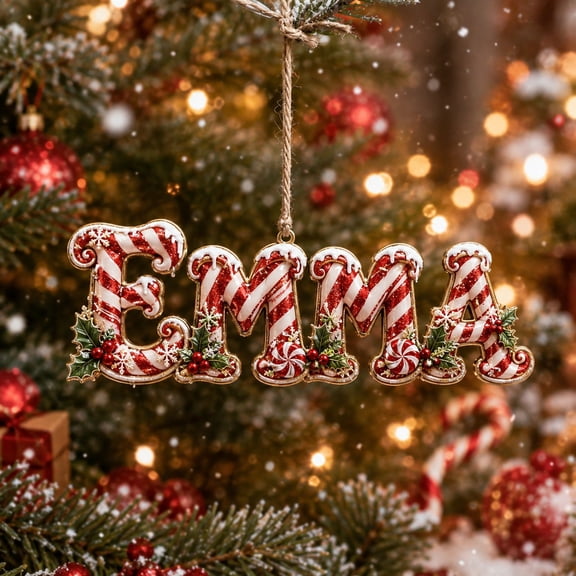 Personalized Name Ornament With Candy Cane Christmas Design