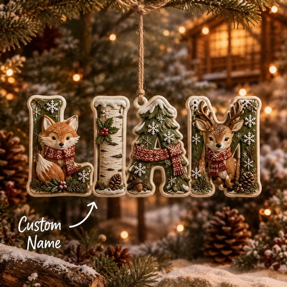 Personalized Name Ornament With Woodland Fox And Deer Christmas