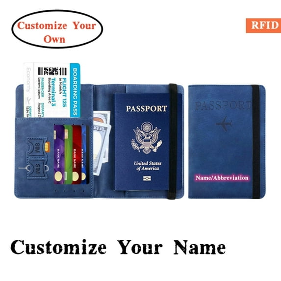 Personalized Name Passport Holder Cover Wallet RFID Blocking Leather Card Case Customized Initials Text Passport Book Travel Essentials Vacation Luggage for Men Women, Gift for Mother's Day,Dark blue