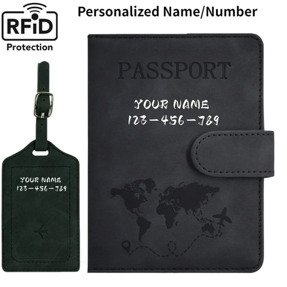 Personalized Name Passport Holder Cover Wallet RFID Blocking Leather Card Case Customized Initials Text Passport Book Travel Essentials Vacation Luggage Must Haves for Men Women, Black