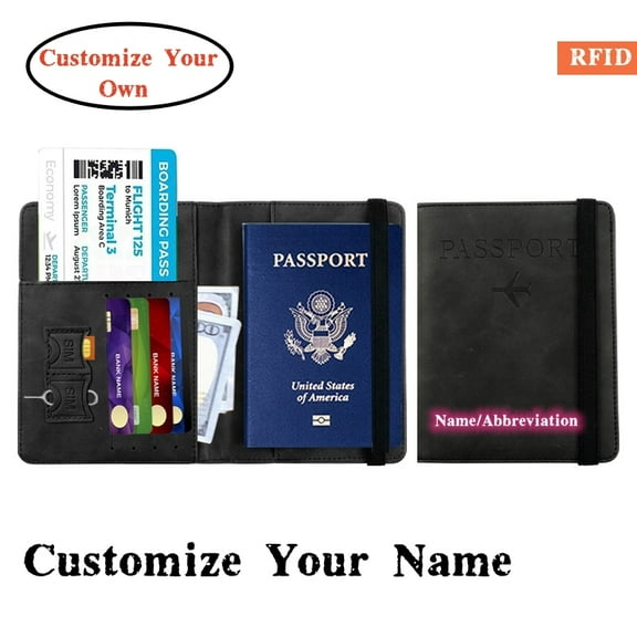 Personalized Name Passport Holder Cover Wallet RFID Blocking Leather Card Case Customized Initials Text Passport Book Travel Essentials Vacation Luggage for Men Women, Gift for Mother's Day,Black