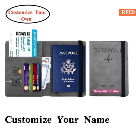 Personalized Name Passport Holder Cover Wallet RFID Blocking Leather Card Case Customized Initials Text Passport Book Travel Essentials Vacation Luggage for Men Women, Gift for Mother's Day,Grey