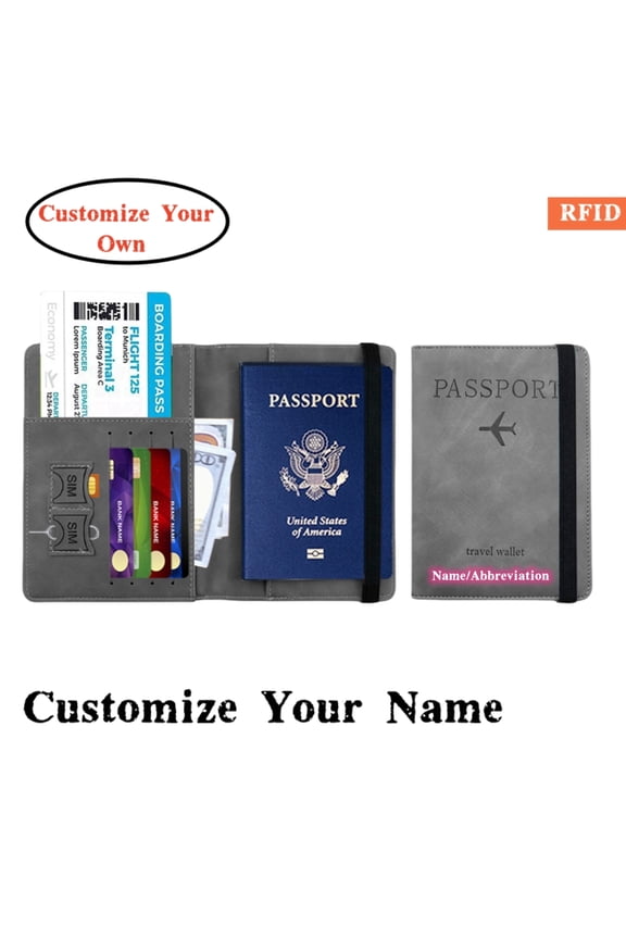 Personalized Name Passport Holder Cover Wallet RFID Blocking Leather Card Case Customized Initials Text Passport Book Travel Essentials Vacation Luggage for Men Women, Gift for Mother's Day,Grey