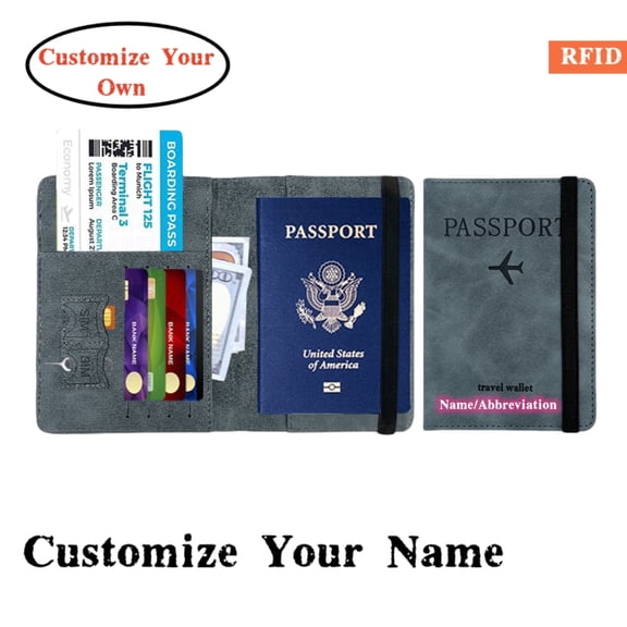 Personalized Name Passport Holder Cover Wallet RFID Blocking Leather Card Case Customized Initials Text Passport Book Travel Essentials Vacation Luggage for Men Women, Gift for Mother's Day,Sea blue
