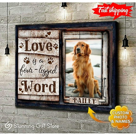 Personalized Name & Photo Barn Window Frame With Golden Retriever Dog & Paw Prints Love Is A Four-legged Word 16 x 24 Inch Poster