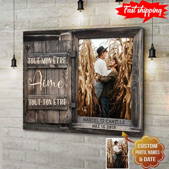 Personalized Name, Photo & Date Barn Window Frame Smiling Couple Tout Mon Être Aime Tout Ton Être 16 x 24 Inch Poster