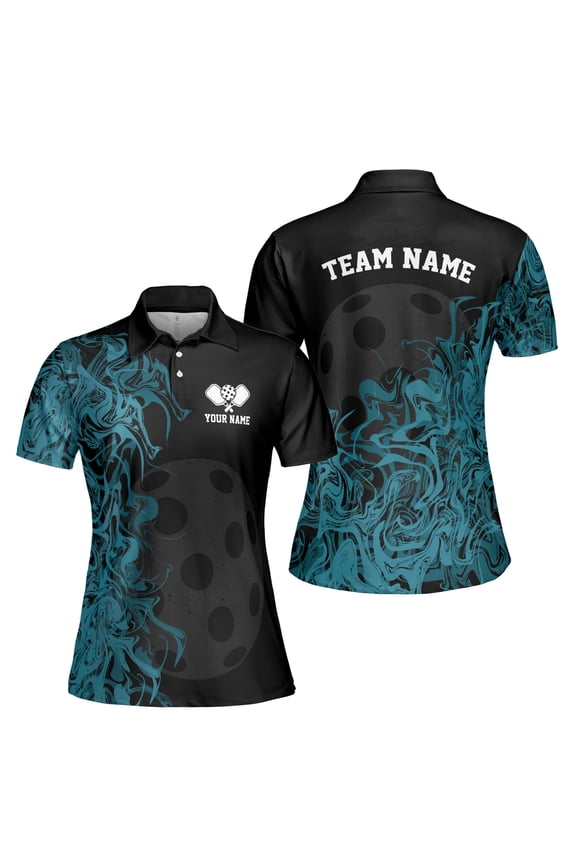 Personalized Name Pickleball Team Blue Smoke And Black Women's Polo Shirt S-5XL