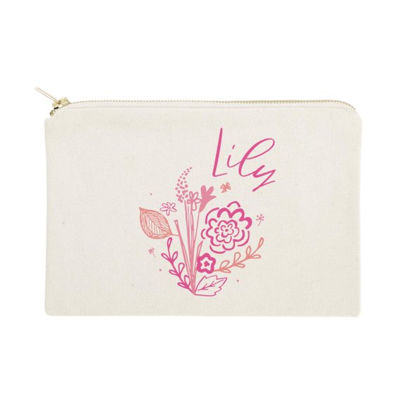 Personalized Name Pink Floral Cosmetic Bag and Travel Make Up Pouch