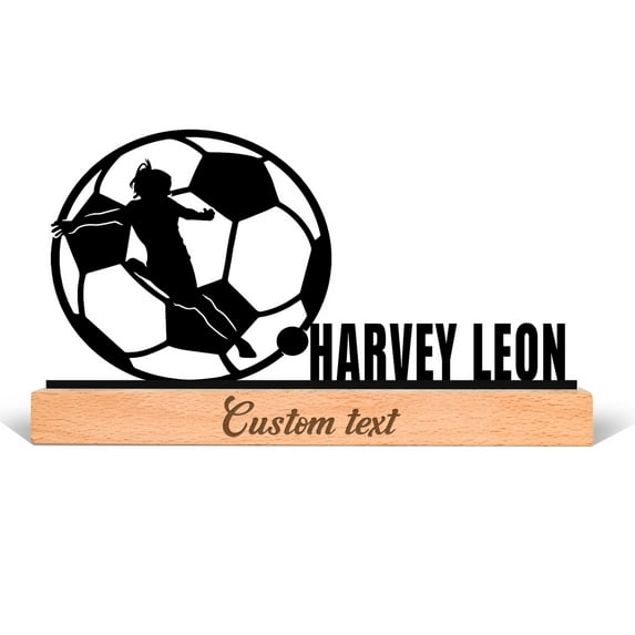 Personalized Name Plate for Desk, Custom Soccer Desk Name Plate, Metal Name Tags with Wood Holder, Office Desk Accessories Decor, Personalized Gifts for Man Women Soccer Players Athletes(8.4in)