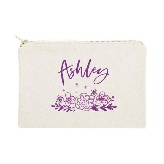 Personalized Name Purple Floral Cosmetic Bag and Travel Make Up Pouch