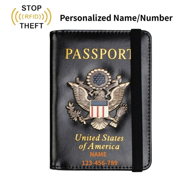 Personalized Name RFID Blocking Passport Holder for Women Men, Leather Passport Travel Wallet with Metal 3D Metal Badge, Travel Document Holder Cover Accessories, Black
