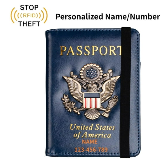 Personalized Name RFID Blocking Passport Holder for Women Men, Leather Passport Travel Wallet with Metal 3D Metal Badge, Travel Document Holder Cover Accessories, Blue