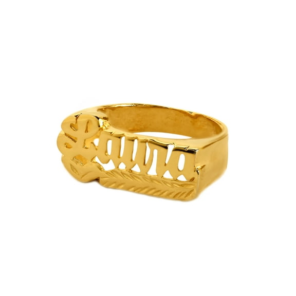 Personalized Name Ring in Script Design With Diamond Accent on Tail Beneath Name
