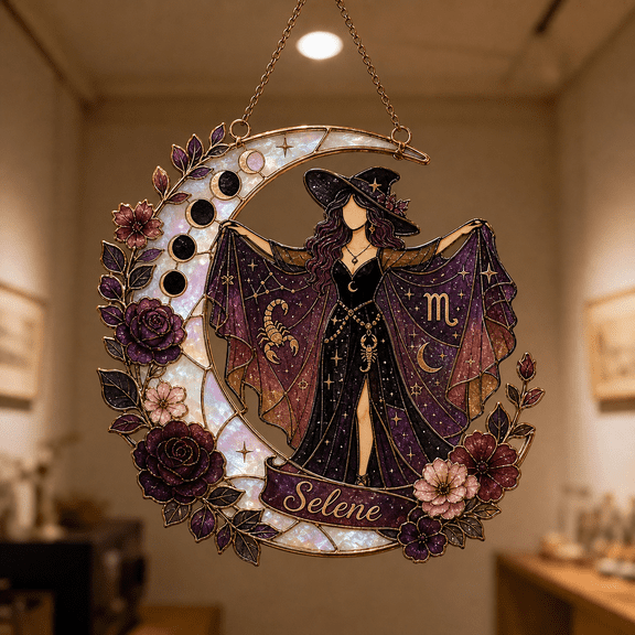 Personalized Name Scorpio Moon Witch Window Hanging Suncatcher Gift