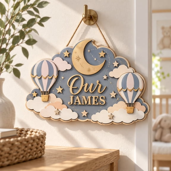 Personalized Name Sign Cloud Hot Air Balloon Wood Wall Decor