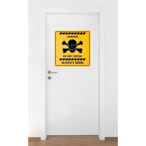 Personalized Name Signs Wall Decal Warning Skull and Crossed Bones Danger Sign Bedroom Wall Decal for Girls Danger Cute Themed Room Dcor - Size: 22 In x 22 In