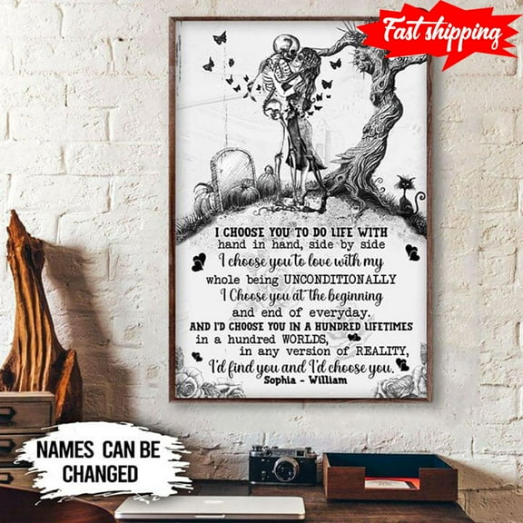 Personalized Name Skeleton Couple Kissing With Butterflies & Cat Around I Choose You To Do Life With Hand In Hand, Side By Side 11 x 17 Inch Poster