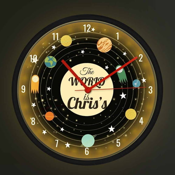 Personalized Name Solar System Wall Clock with Sound Control LED Light Astronomy Space Home Decor