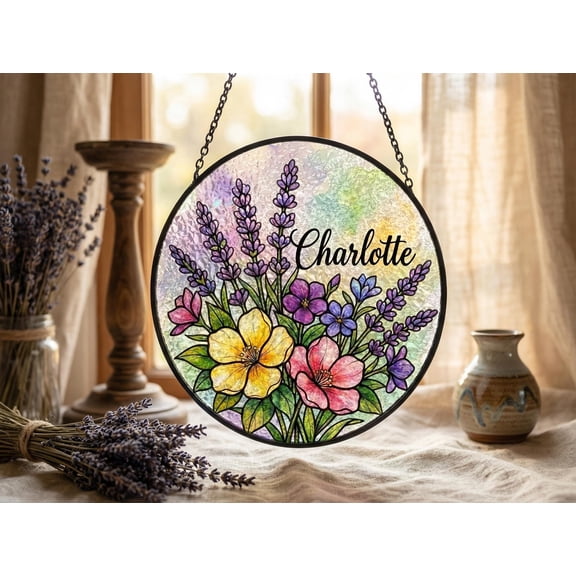 Personalized Name Suncatcher Stained Glass Custom Flower Window Hanging Garden Gift for Mom