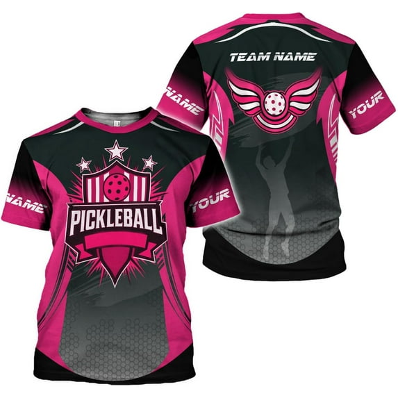 Personalized Name Team's Name Pickleball Shirt 3D, Pickleball Shirts, Funny Pickleball Shirts for Team, Men Women (Pink, M)