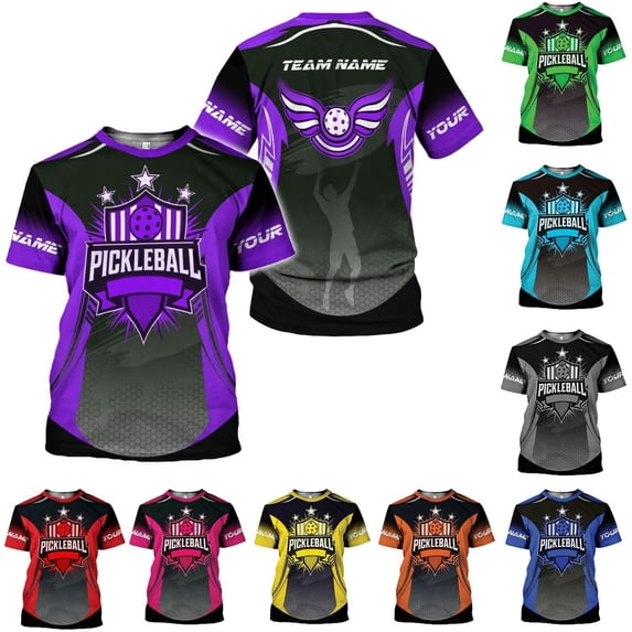 Personalized Name Team's Name Pickleball Shirt 3D, Pickleball Shirts, Funny Pickleball Shirts for Team, Men Women (Purple, S)