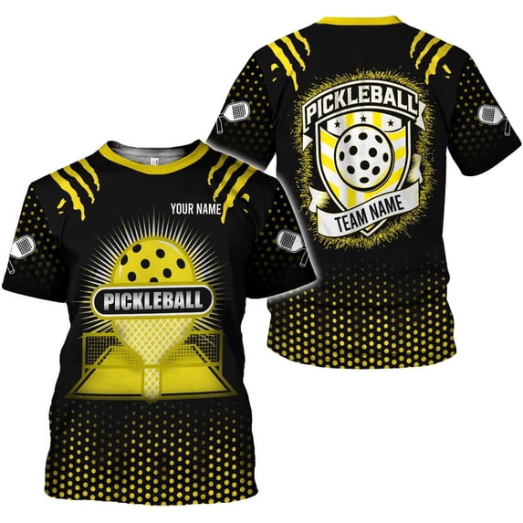 Personalized Name Team's Name Pickleball Shirt 3D, Pickleball Shirts, Funny Pickleball Shirts for Team, Men Women (Yellow, 2XL)