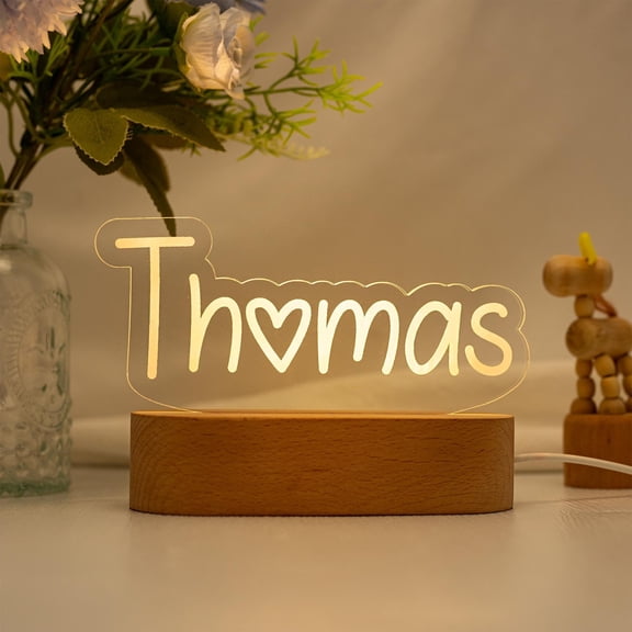 Personalized Name Text Custom Night Light Acrylic Board Wooden Base Nursery Decor Birthday Gift For Family Desk Lamp