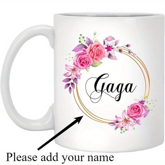 Personalized Name Text Pink Floral Golden Frame Ceramic Mug Custom Female with Elegant Cursive Lettering 11oz Coffee Cup Women Girlfriend Mom Wife Hand Wash Only Name Centerpiece T
