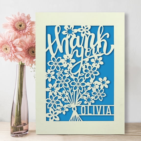 Personalized Name Thank You Card Papercut Flower Bouquet With Colored Paper Inlay For Greeting Handwriting