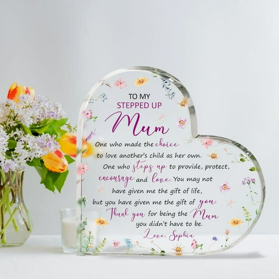 Personalized Name To My Bonus Mum Heart Acrylic Plaque, Stepmother Gifts, Mother's Day Gifts For Stepmom, Birthday Gifts, Sentimental Gifts