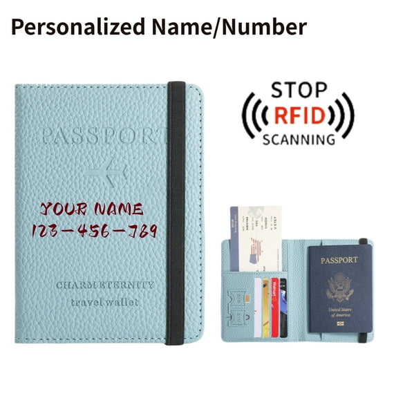 Personalized Name Travel Passport Holder, Personalized Initials Embossed Lychee Leather RFID Blocking Passport Cover Elegant And Stylish Unisex Passport Book And Card Wallet, Blue
